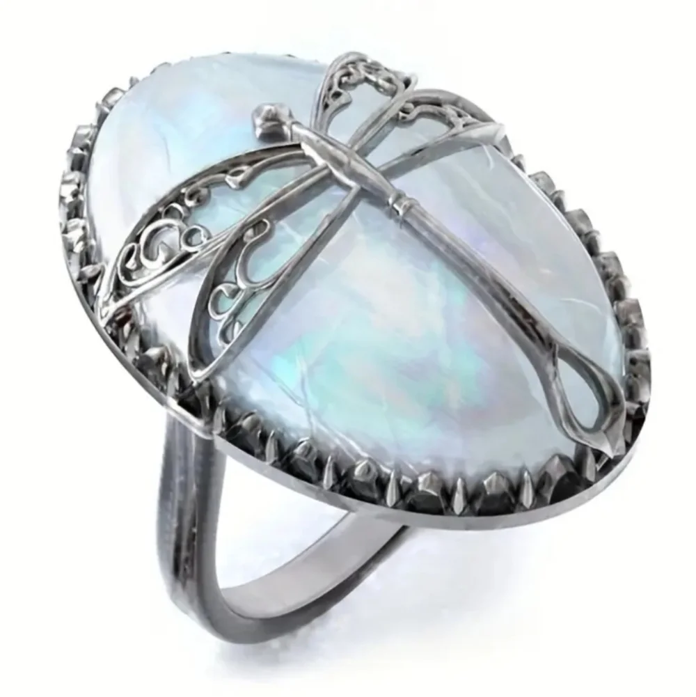 Vintage Elegant Silver Dragonfly Opal Ring Sz 8